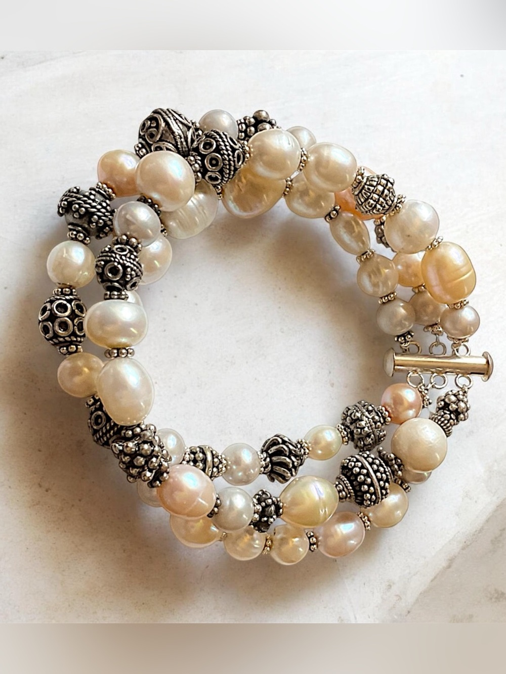 Vintage Sterling Freshwater Pearl Three Strand Beaded Bracelet Caviar Silver